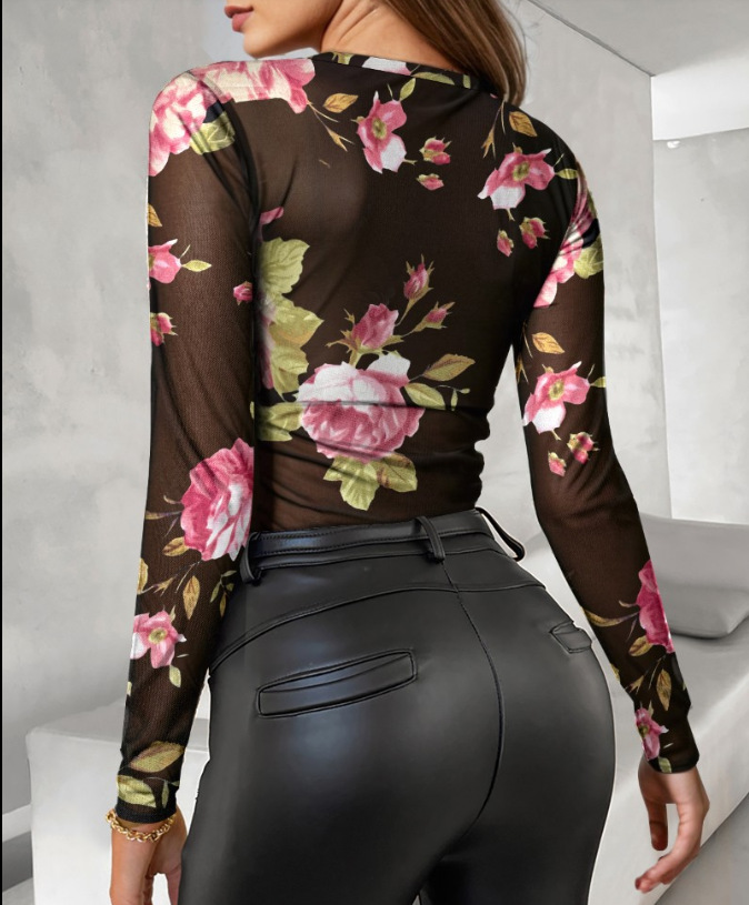 Womens Floral Print Blouse Elegant Crewneck Top Fitted Casual Style T-shirt